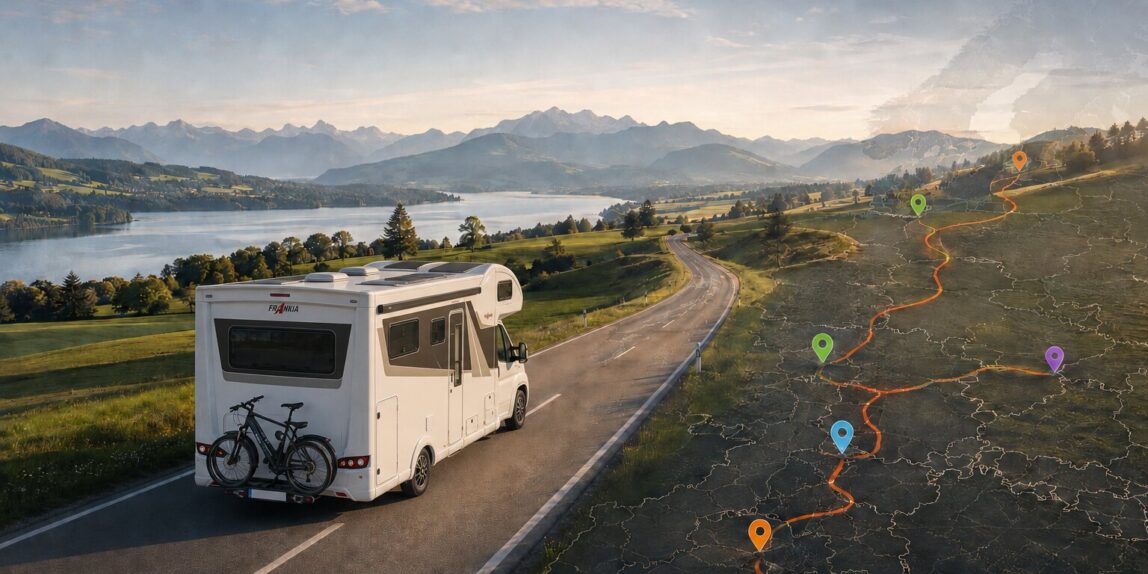 Frankia-Wohnmobil mit Fahrrädern auf einer Straße durch Europa